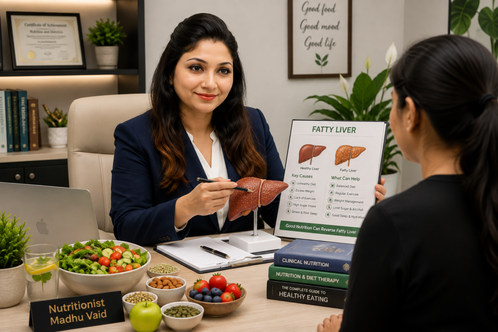 Nutritionist Madhu Vaid explaining fatty liver diet plan to a client