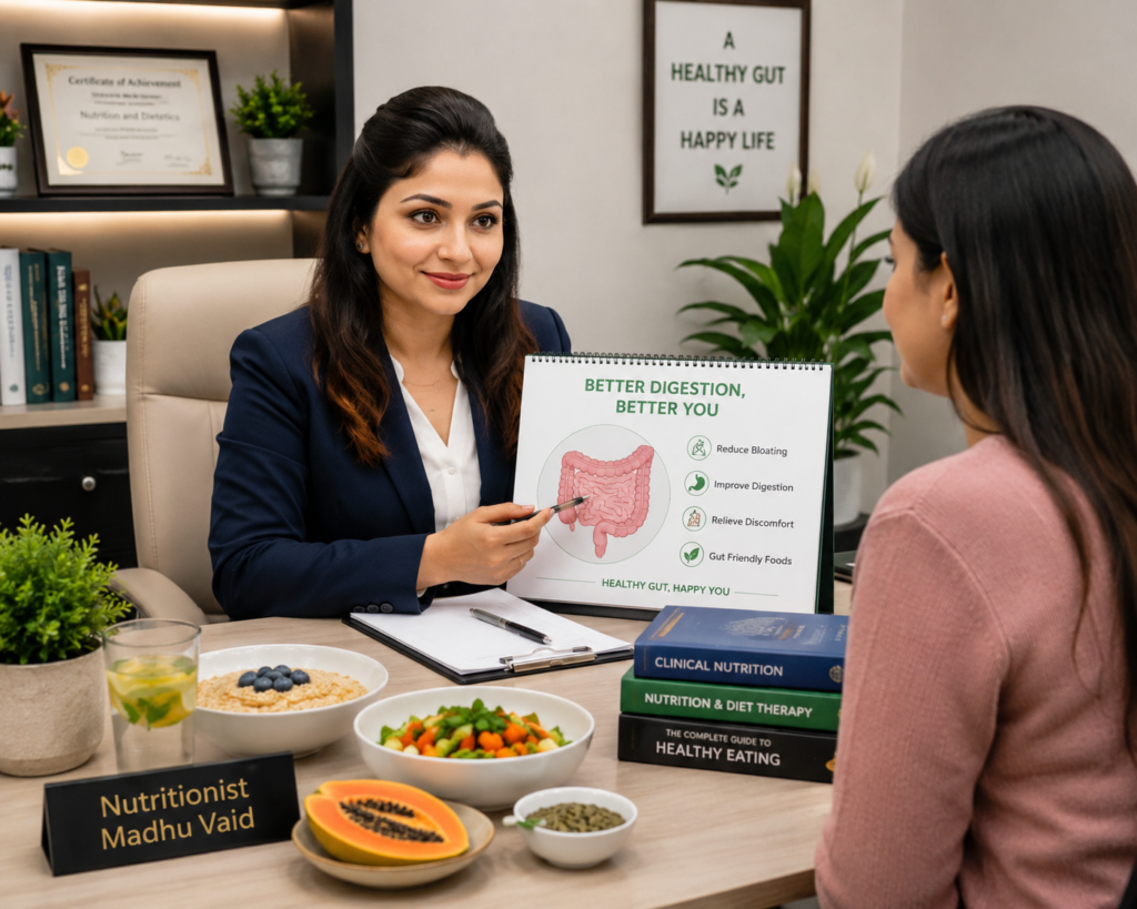 Nutritionist Madhu Vaid giving gut health consultation to a client